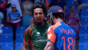 Tanzim Hasan stares at Virat Kohli after dismissing him