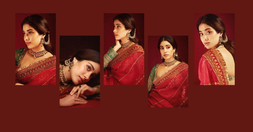 Janhvi Kapoor Exudes Grace and Royalty in a Red Hand-Embroidered Saree with a Green Blouse