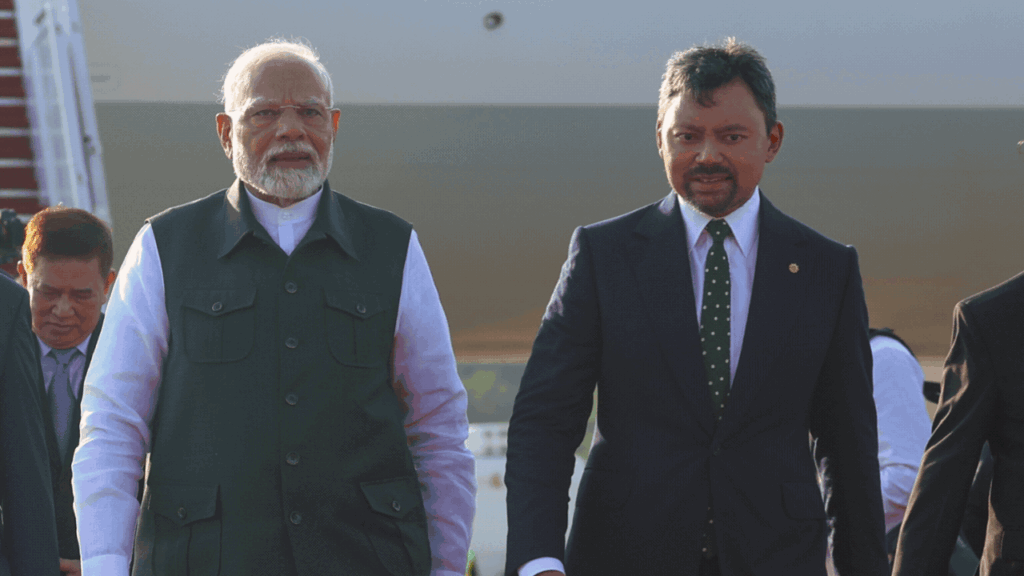 Prime Minister Narendra Modi has arrived in Brunei to a warm welcome from the Crown Prince.