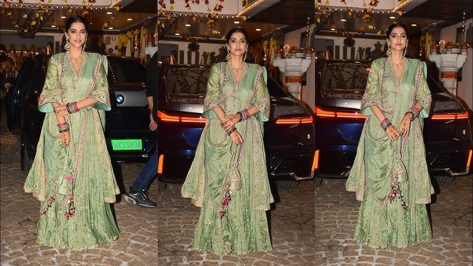 Sonam Kapoor Shines at Karwa Chauth in a Mint GrFashioneen Lehenga, Accentuated by a Necklace Inspired by Moon Phases